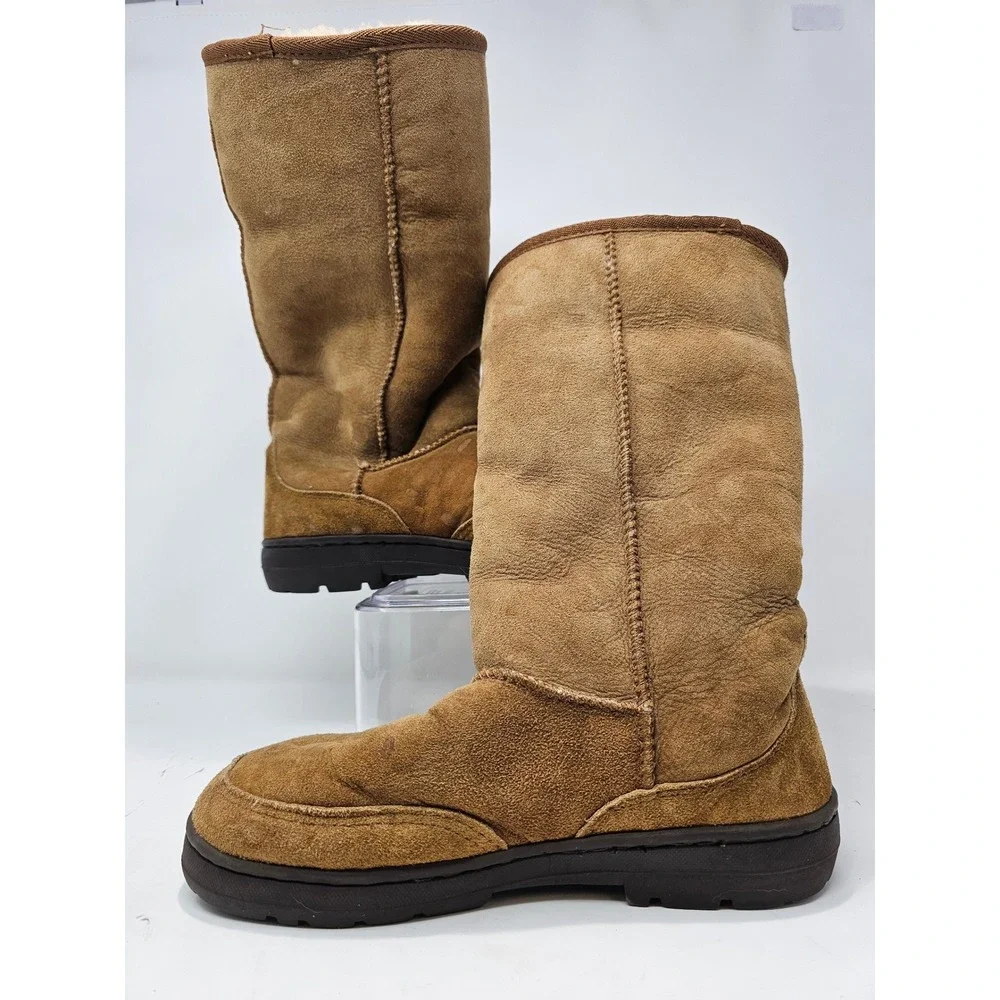 Womens Brown Suede Sheepskin‎ Lined Tall Winter Boots Size 7